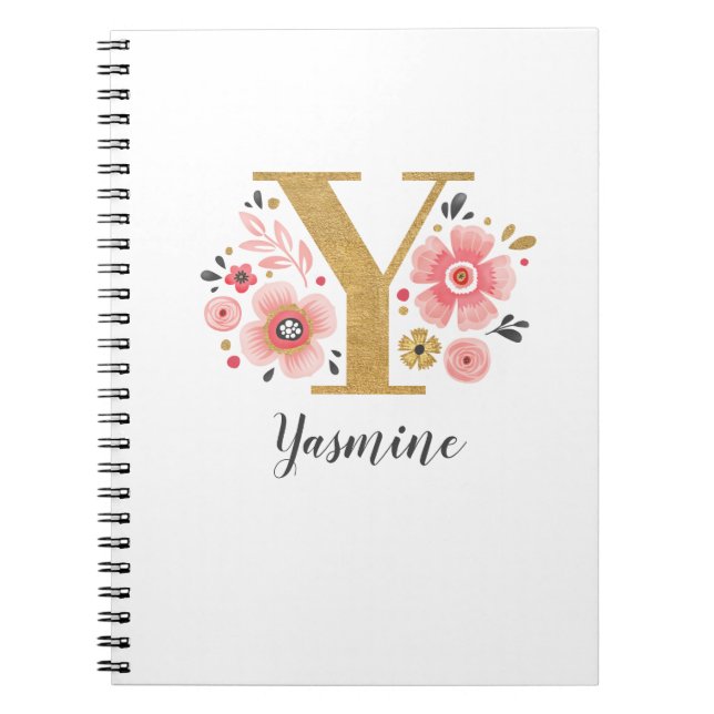 Gold Monogram Initial Letter Y Floral Notebook (Front)