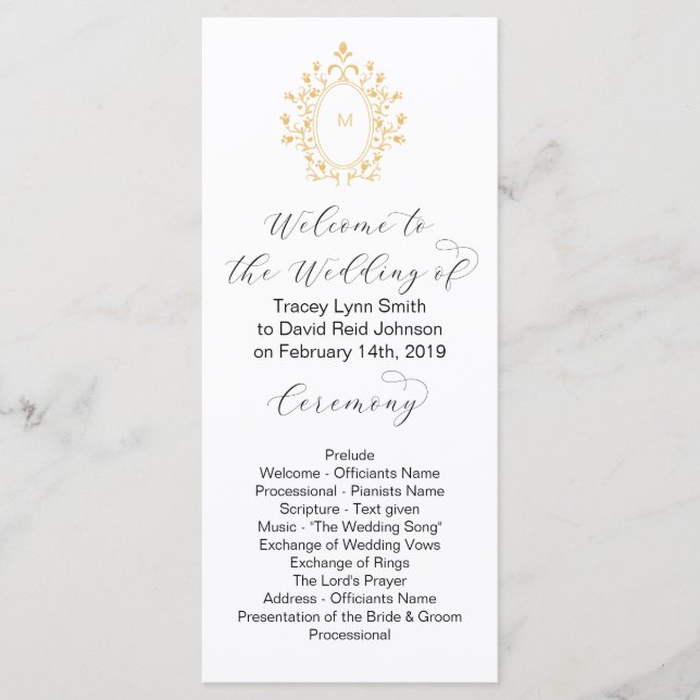 Gold Monogram Initial Minimal Wedding Program Programme (Front)