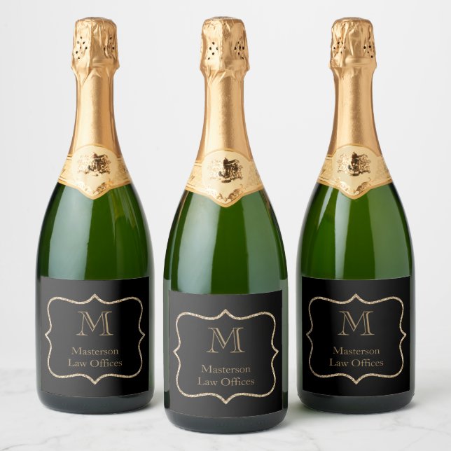 Gold Monogram Initial Name Black Gold Business Sparkling Wine Label (Bottles)
