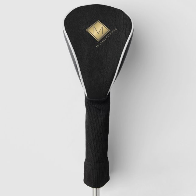 Gold monogram initial name personalised black golf head cover (Front)