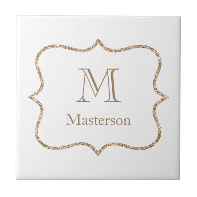Gold Monogram Initial Name White Gold Trendy  Tile (Front)
