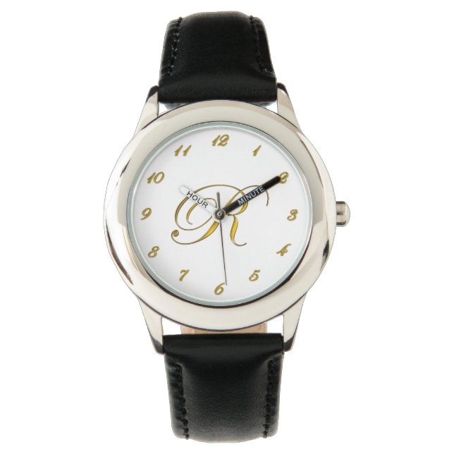 Gold Monogram Initial R Watch with Gold Numbers (Front)