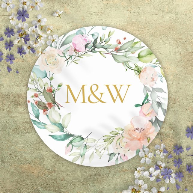 Gold Monogram Initials Roses Garland Floral Classic Round Sticker (Gold Monogram Initials Roses Garland Floral Classic Round Sticker)