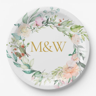 Gold Monogram Initials Roses Garland Floral Paper Plate