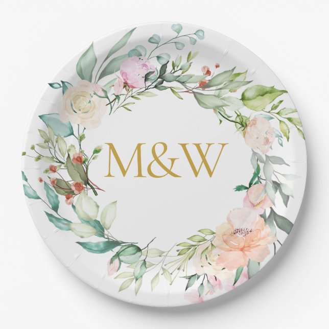 Gold Monogram Initials Roses Garland Floral Paper Plate (Front)