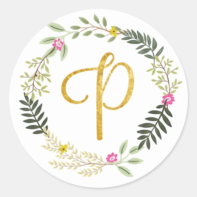 Gold Monogram Leaf P Classic Round Sticker (Front)