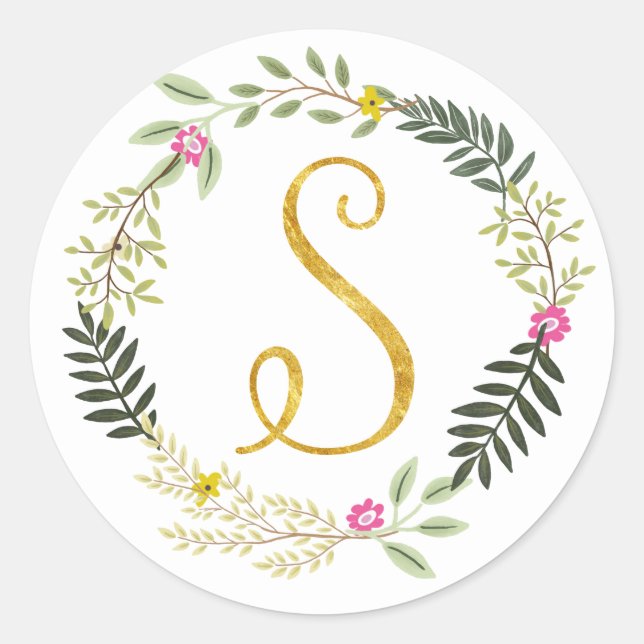 Gold Monogram Leaf S Classic Round Sticker (Front)