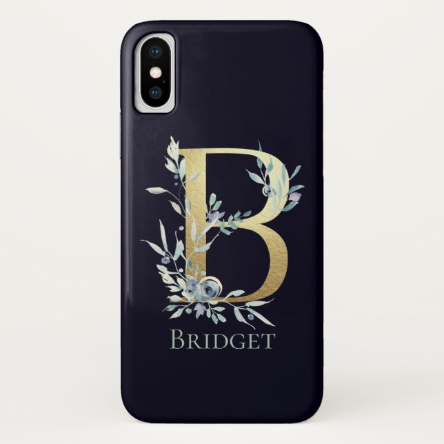 Gold Monogram Letter B Navy Blue Floral Name Case-Mate iPhone Case (Back)