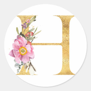 Gold MONOGRAM letter H with flowers Classic Round Sticker