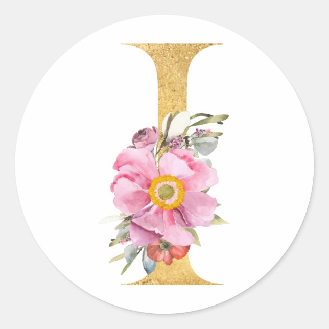 Gold MONOGRAM letter I with flowers Classic Round Sticker (Front)