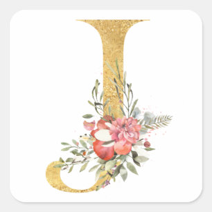 Gold MONOGRAM letter J with flowers Square Sticker