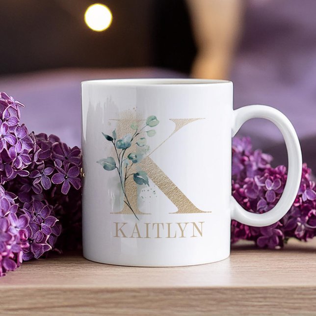 Gold Monogram Letter K Floral Coffee Mug (Creator Uploaded)