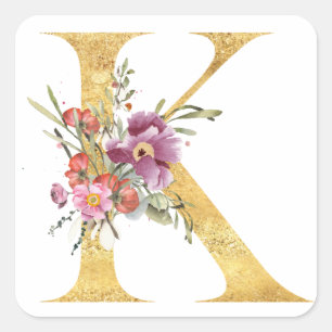 Gold MONOGRAM letter K with flowers Square Sticker