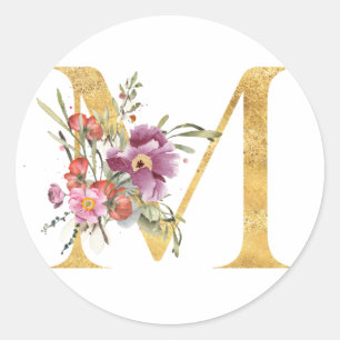 Gold MONOGRAM letter M with flower Classic Round Sticker