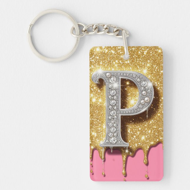 Gold Monogram Letter P Pink Diamond Initial Gift Key Ring (Front)