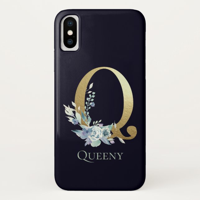 Gold Monogram Letter Q Navy Blue Floral Name Case-Mate iPhone Case (Back)