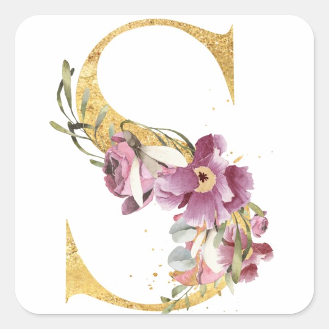 Gold MONOGRAM letter S with flower Square Sticker (Front)
