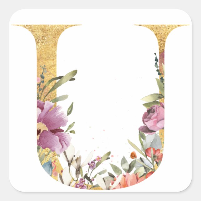 Gold MONOGRAM letter U with flower Square Sticker (Front)