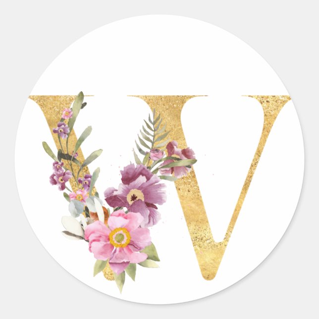 Gold MONOGRAM letter W with flower Classic Round Sticker (Front)