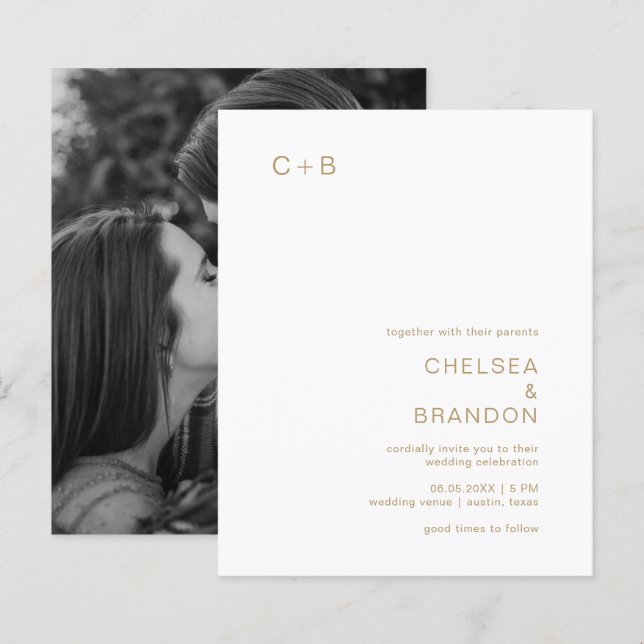 Gold Monogram Modern Budget Wedding Invitation (Front/Back)