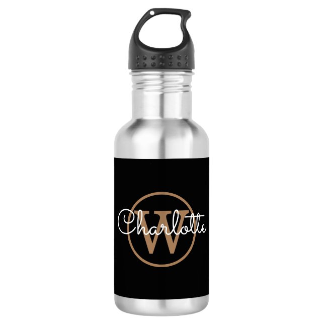 Gold Monogram Modern Script Black  532 Ml Water Bottle (Front)