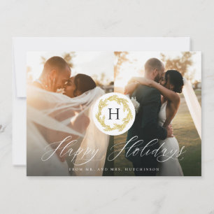 Gold Monogram Mr. and Mrs. Newlyweds 2 Photo Happy Holiday Card