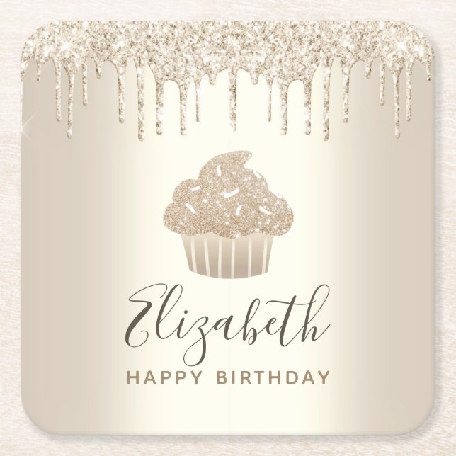Gold monogram name cupcake glitter drips script square paper coaster (Front)