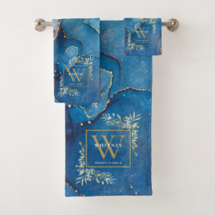 Gold Monogram Name Greenery Blue Agate Geode Bath Towel Set