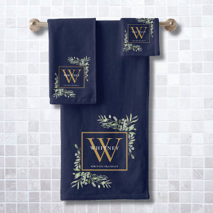 Gold Monogram Name Greenery Navy Blue Bath Towel Set