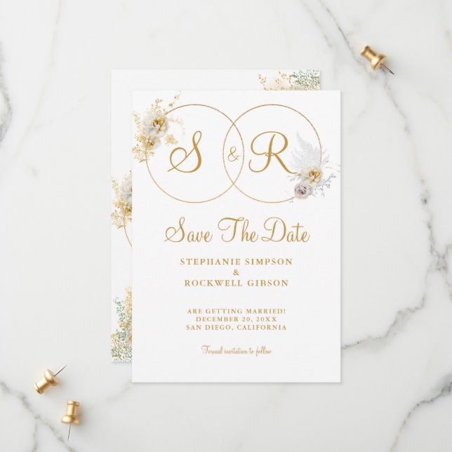 Gold Monogram Name Initial Wedding   Save The Date (Front/Back In Situ)