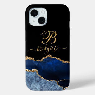 Gold Monogram Navy Blue Black Gold Agate Geode  iPhone 15 Case