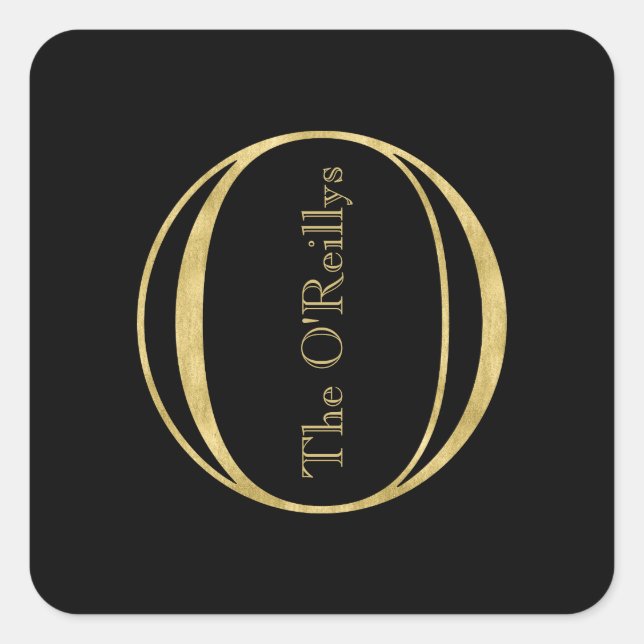 Gold Monogram O and Name on Any Colour Square Sticker (Front)