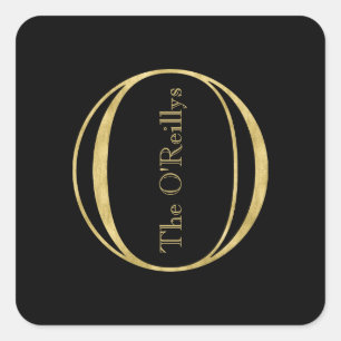 Gold Monogram O and Name on Any Colour Square Sticker