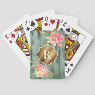 Gold Monogram Pink Flowers Rustic Green Wood Playing Cards