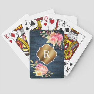 Gold Monogram Pink Flowers Rustic Navy Wood Playing Cards