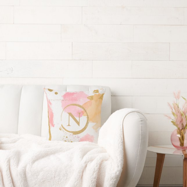 Gold Monogram Pink Peach Modern Abstract  Cushion (Couch)
