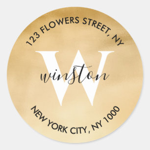 Gold Monogram Return Address Modern Glitter Classic Round Sticker
