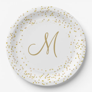 Gold Monogram Script Gold Dust Confetti Paper Plate