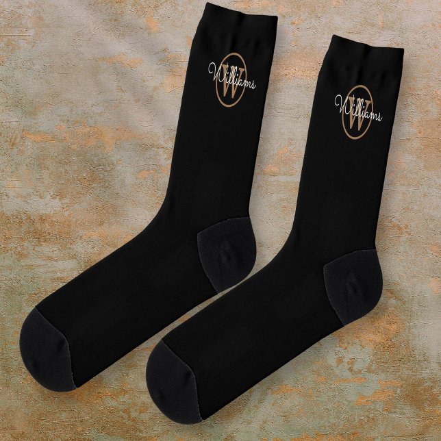 Gold Monogram Script Name Elegant Black Socks (Gold Monogram Script Name Elegant Black Socks)