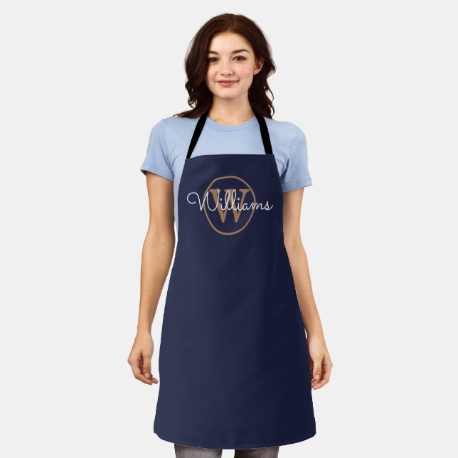Gold Monogram Script Name Navy Blue Apron (Worn)