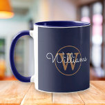 Gold Monogram Script Name Navy Blue Mug<br><div class="desc">Classic navy blue and gold monogram mug. You can personalise the name,  monogram and customise the font and colours to create your own unique design. Designed by Thisisnotme©</div>