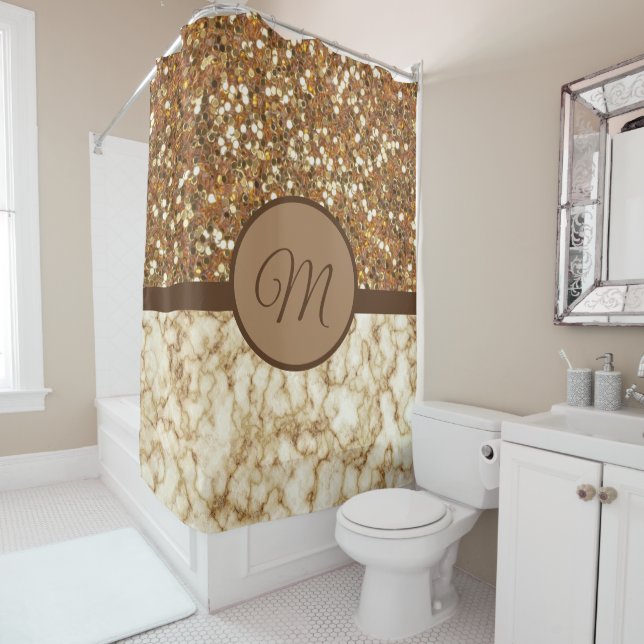 Gold Monogram Shower Luxury Curtains Marble (In Situ)