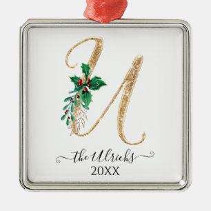Gold Monogram U Glitter Christmas Holly Foliage Metal Tree Decoration