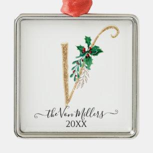 Gold Monogram V Glitter Christmas Holly Foliage Metal Tree Decoration