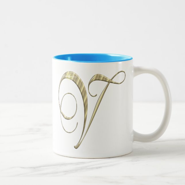 Gold monogram V initials merchandise Two-Tone Coffee Mug (Right)