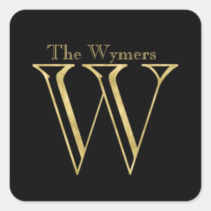 Gold Monogram W and Name on Any Colour Square Sticker