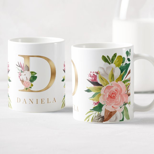 Gold Monogram Watercolor Floral Botanical Coffee Mug (Creator Uploaded)