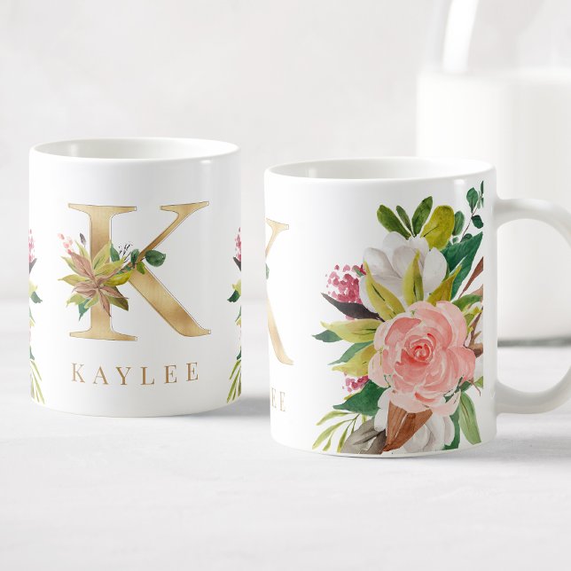 Gold Monogram Watercolor Floral Botanical Coffee Mug (Creator Uploaded)