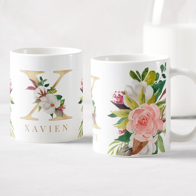 Gold Monogram Watercolor Floral Botanical Coffee Mug (Creator Uploaded)