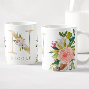 Gold Monogram Watercolor Floral Botanical Coffee Mug